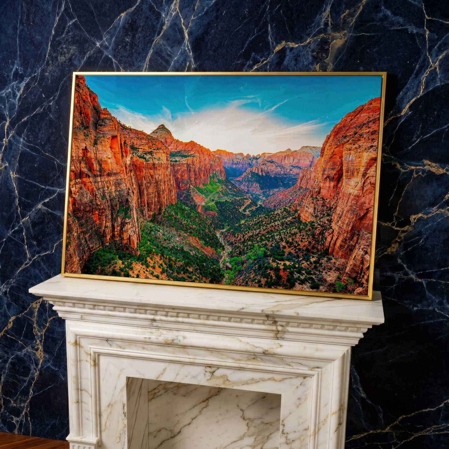 Zion Canyon Panoramic Canvas Print in yellow gold floating frame