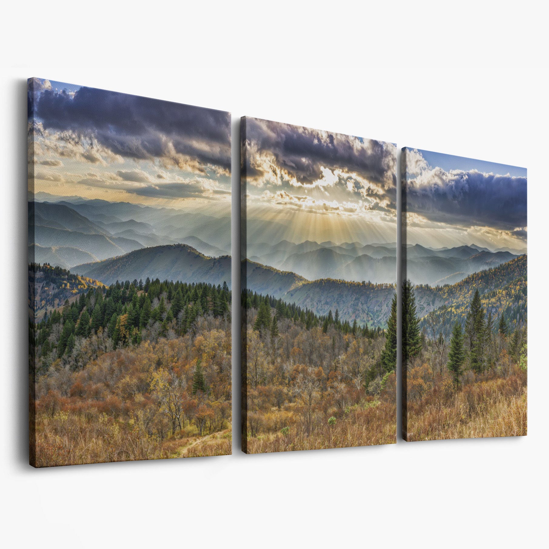 Smoky Mountains and Blue Ridge Parkway Panoramic Canvas as 3-panel split version