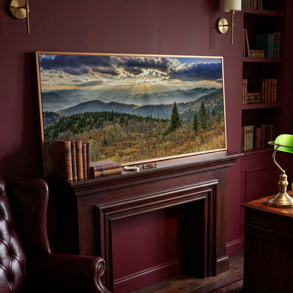 Smoky Mountains and Blue Ridge Parkway Panoramic Canvas in antique gold floating frame
