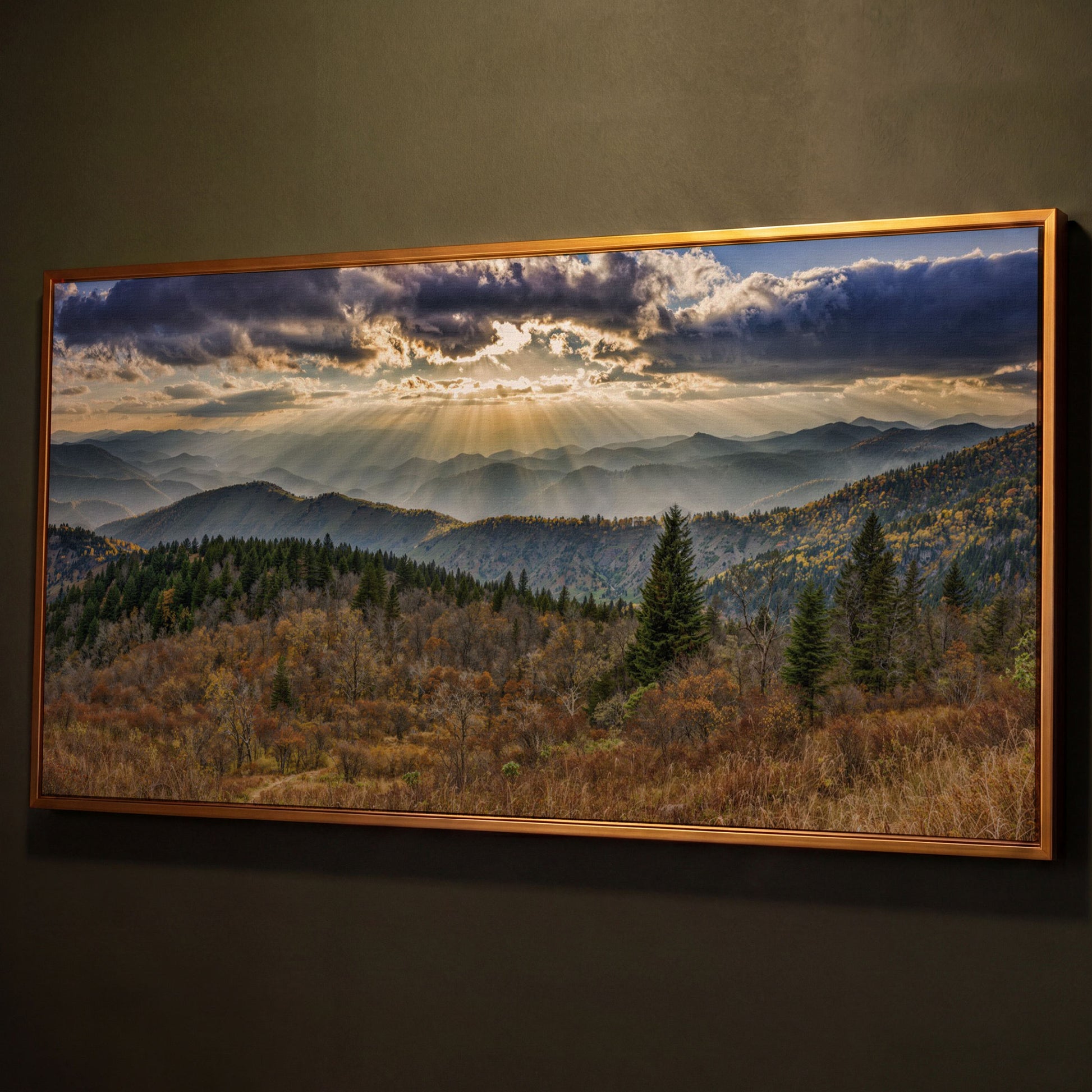 Smoky Mountains and Blue Ridge Parkway Panoramic Canvas shown in antique gold floating frame