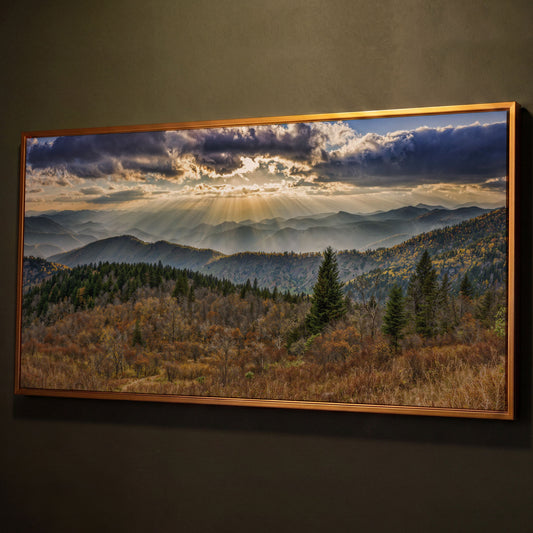 Smoky Mountains and Blue Ridge Parkway Panoramic Canvas shown in antique gold floating frame