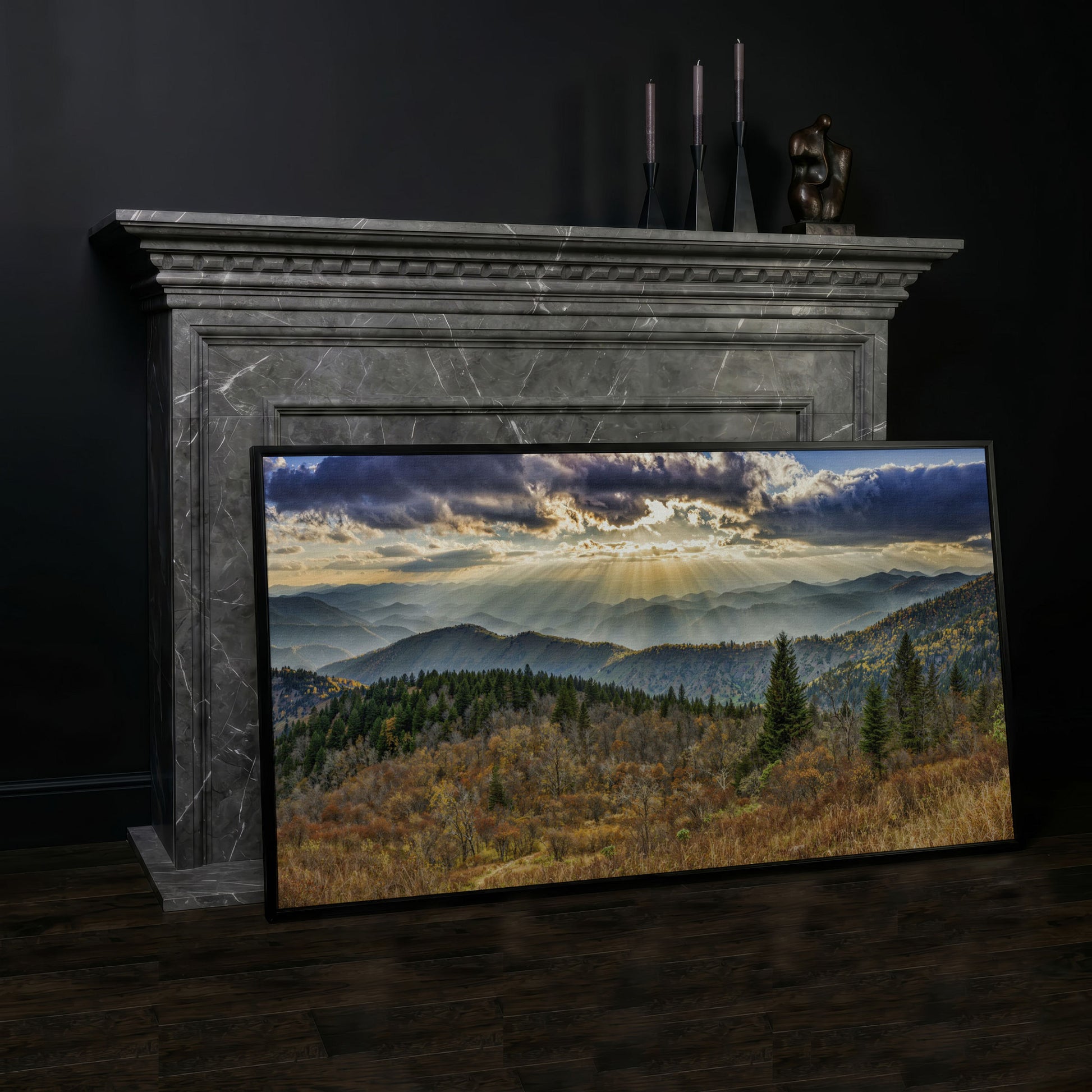 Smoky Mountains and Blue Ridge Parkway Panoramic Canvas in black floating frame