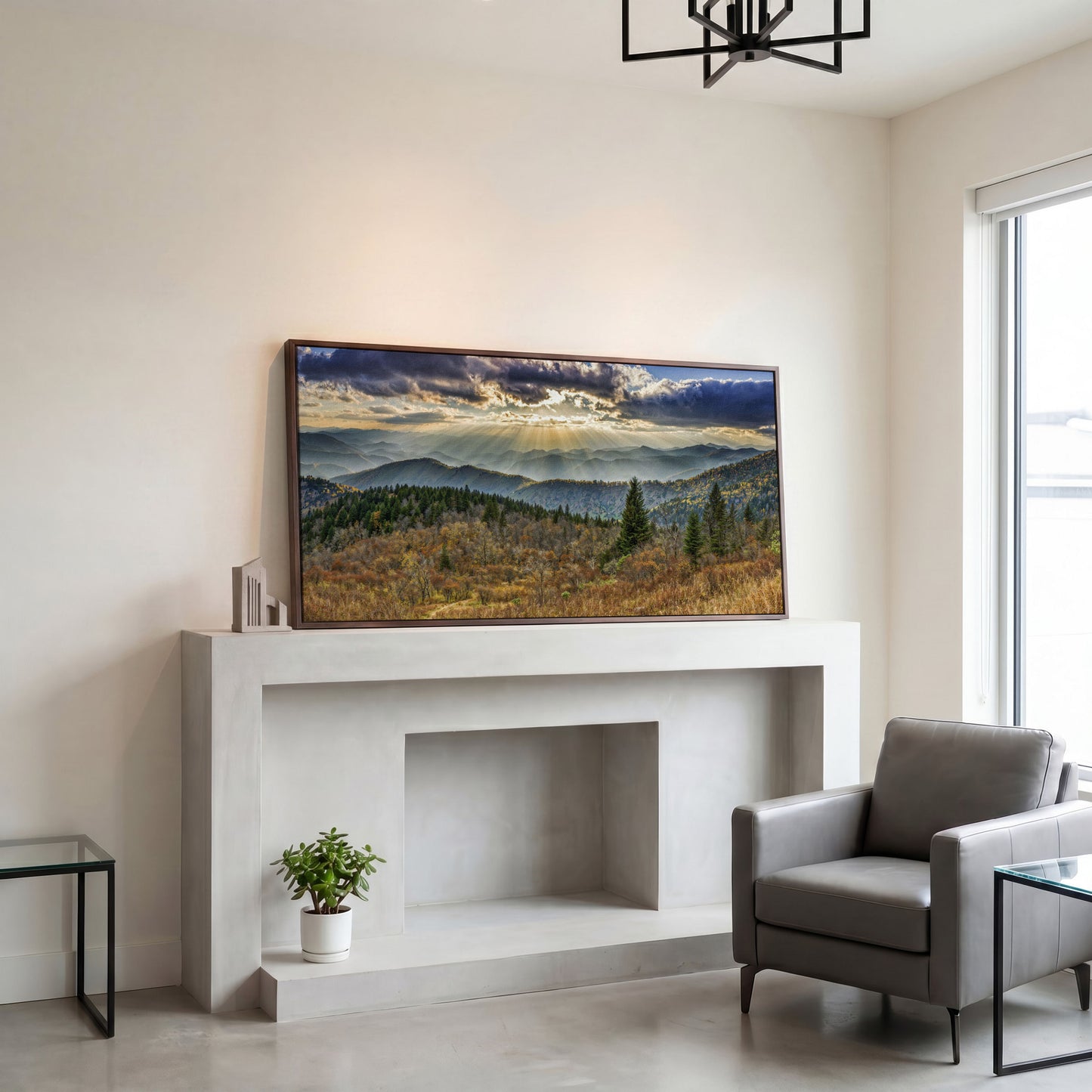 Smoky Mountains and Blue Ridge Parkway Panoramic Canvas in dark walnut floating frame