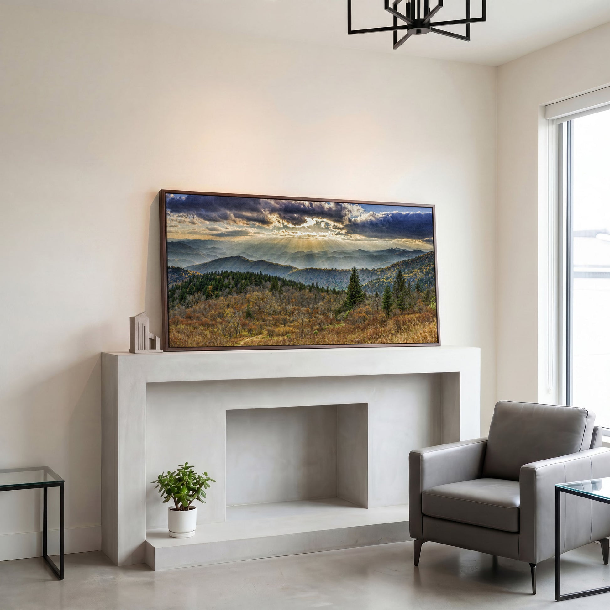 Smoky Mountains and Blue Ridge Parkway Panoramic Canvas in dark walnut floating frame