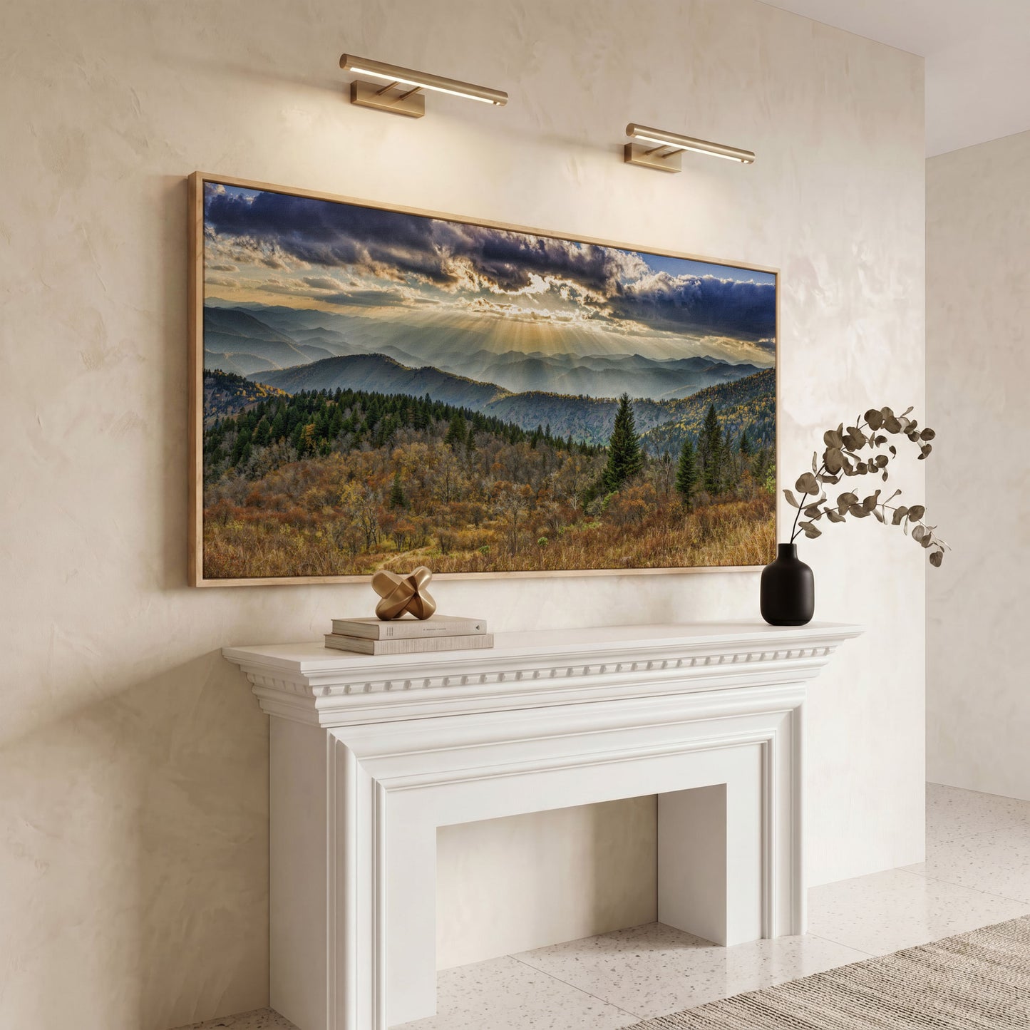 Smoky Mountains and Blue Ridge Parkway Panoramic Canvas in white oak floating frame