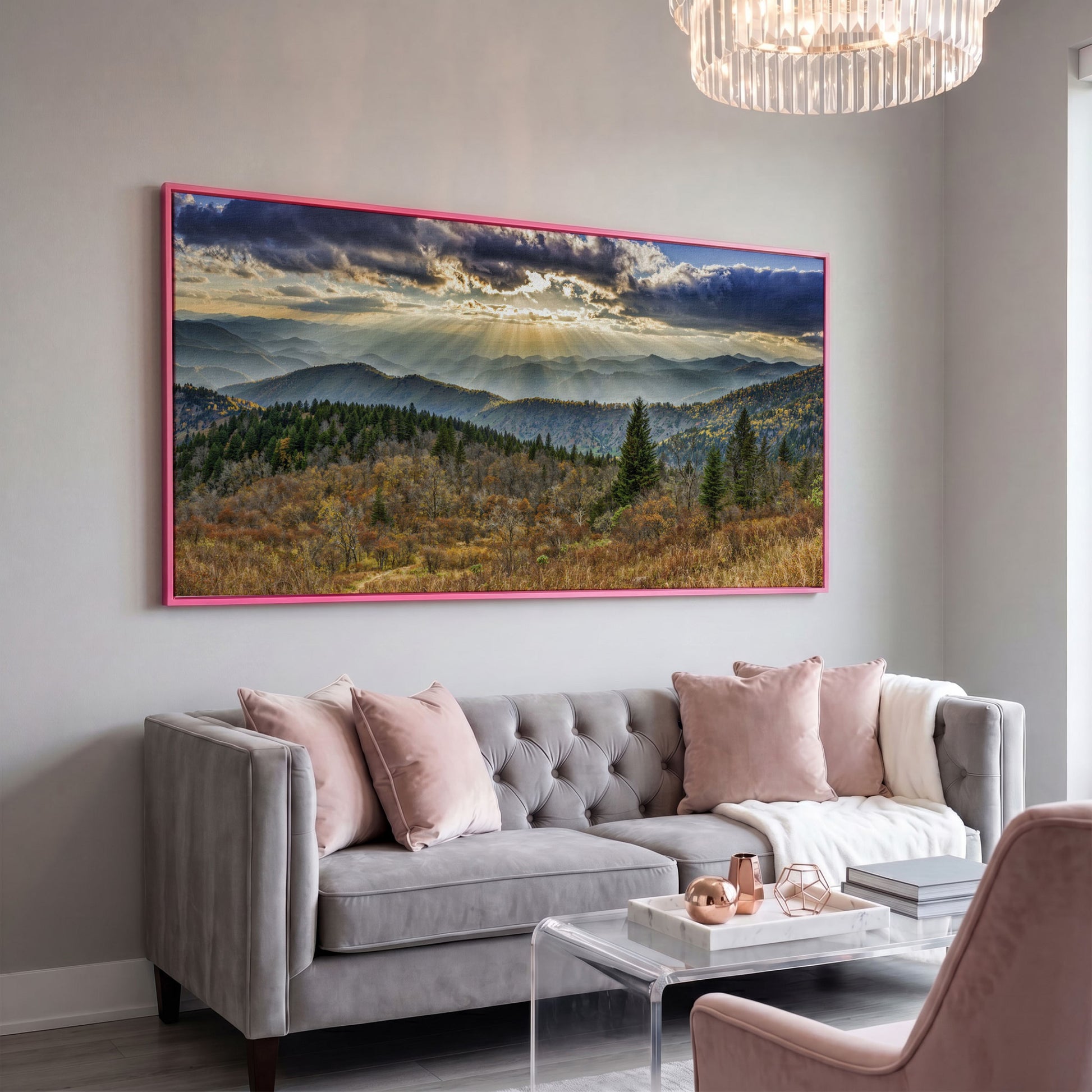 Smoky Mountains and Blue Ridge Parkway Panoramic Canvas in pink floating frame
