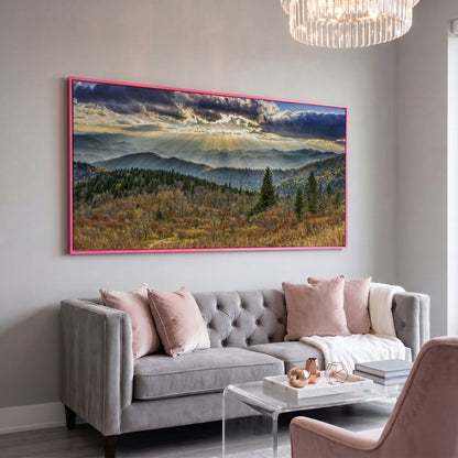 Smoky Mountains and Blue Ridge Parkway Panoramic Canvas in pink floating frame