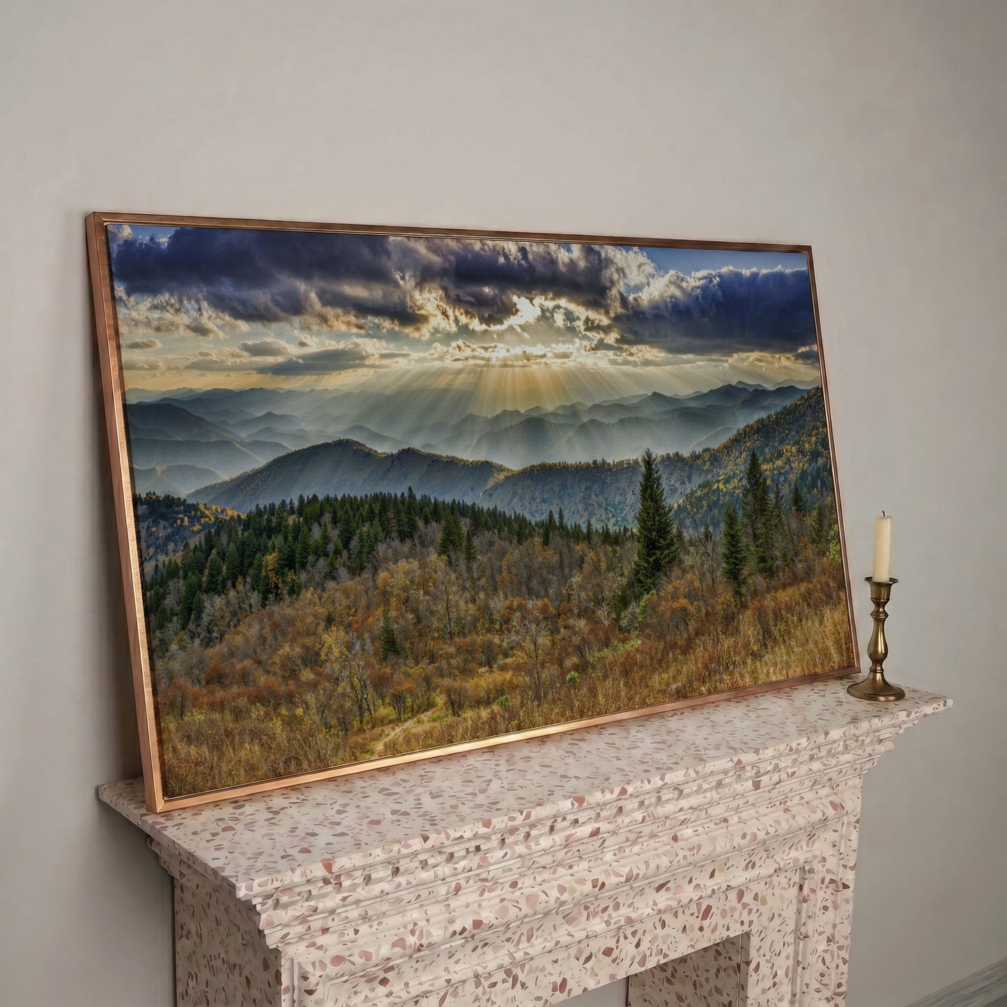 Smoky Mountains and Blue Ridge Parkway Panoramic Canvas in rose gold floating frame