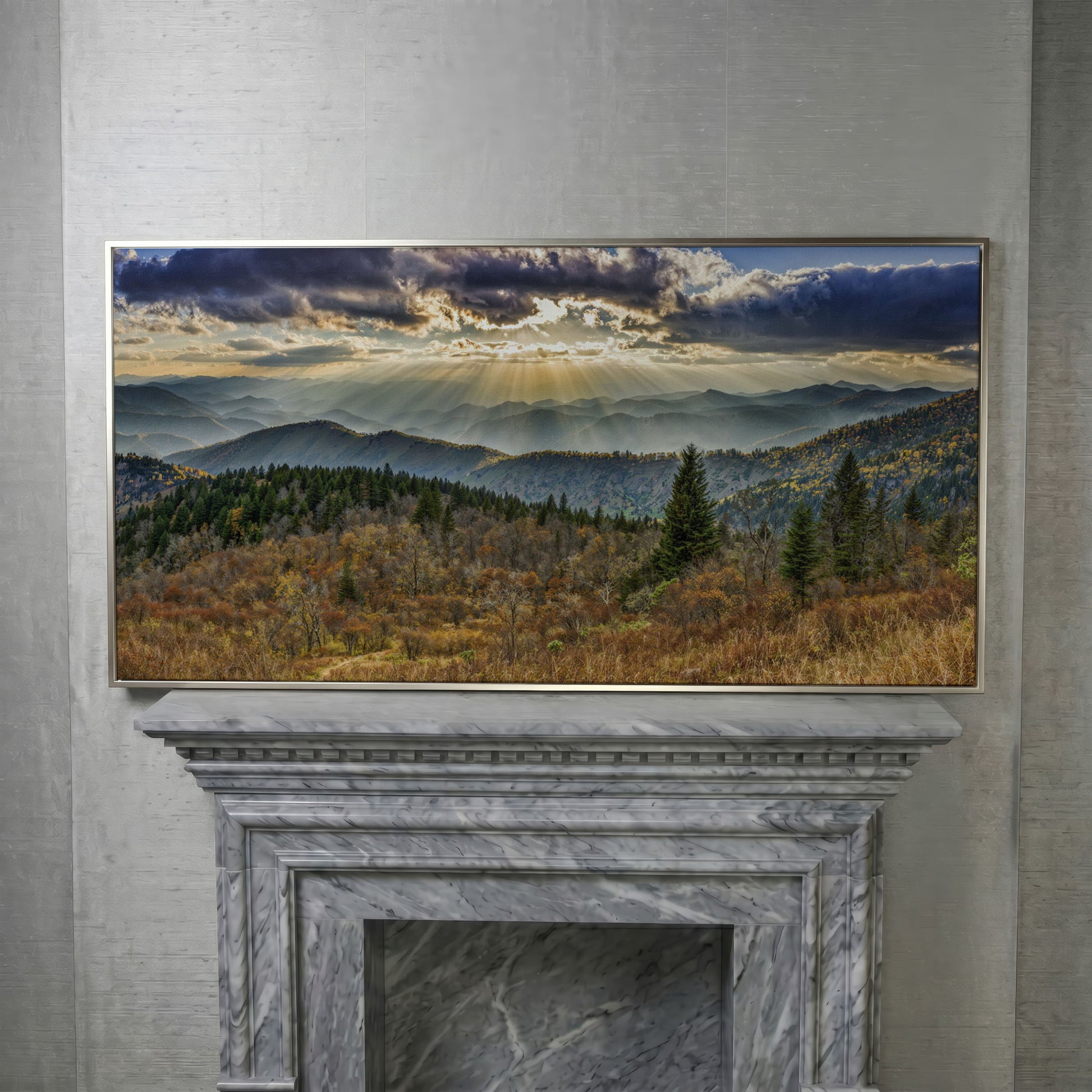 Smoky Mountains and Blue Ridge Parkway Panoramic Canvas in silver floating frame