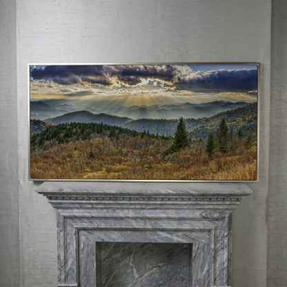 Smoky Mountains and Blue Ridge Parkway Panoramic Canvas in silver floating frame