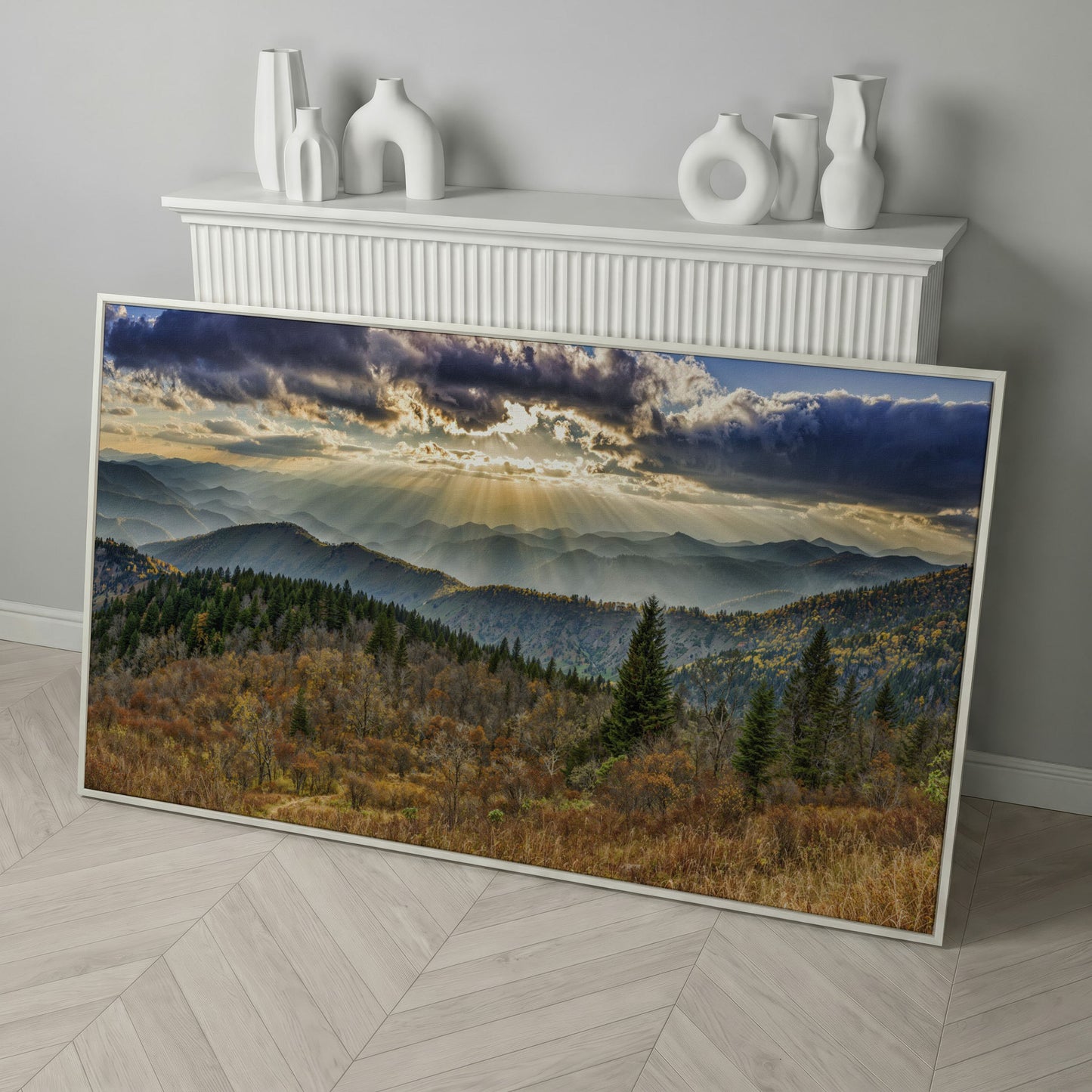 Smoky Mountains and Blue Ridge Parkway Panoramic Canvas in white floating frame