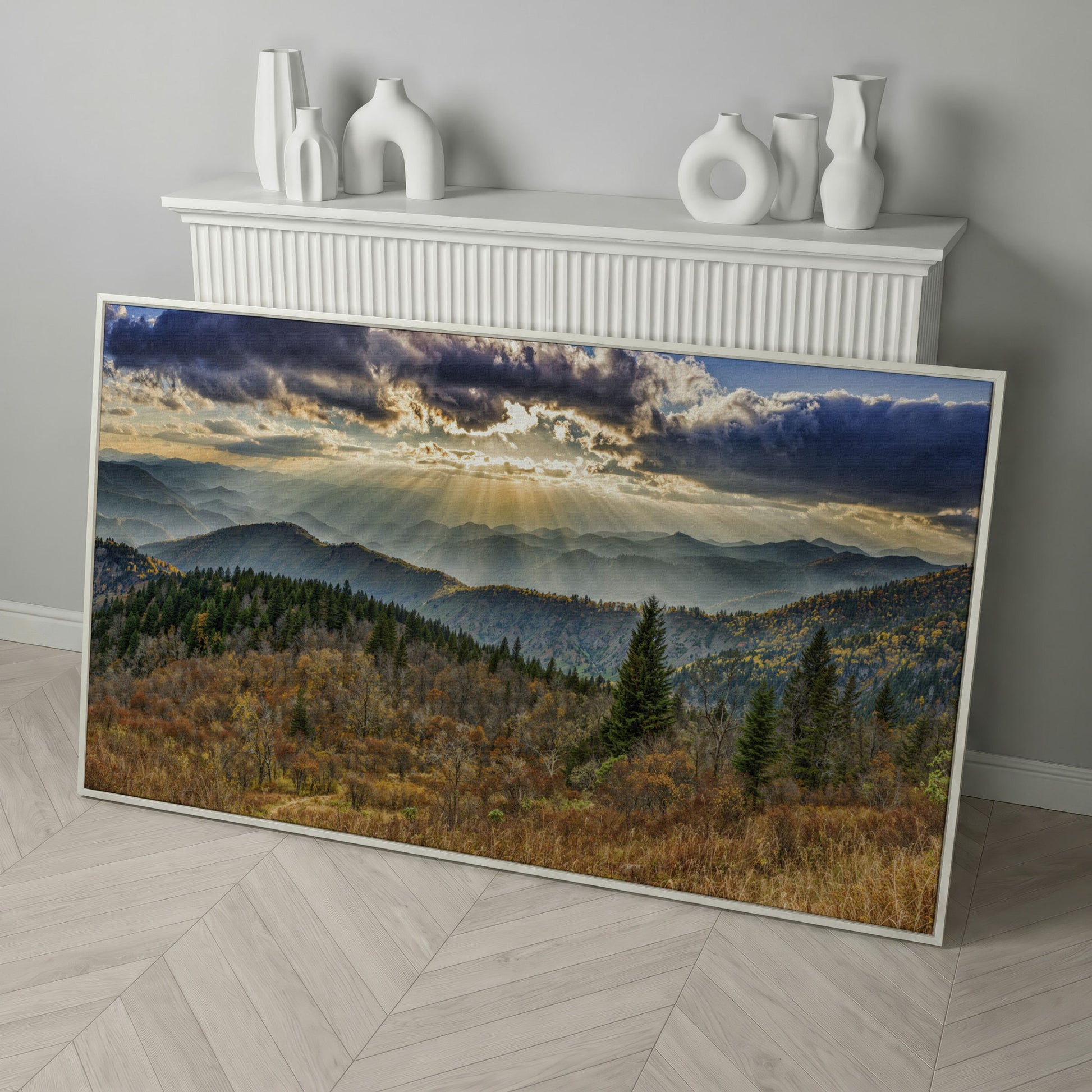 Smoky Mountains and Blue Ridge Parkway Panoramic Canvas in white floating frame