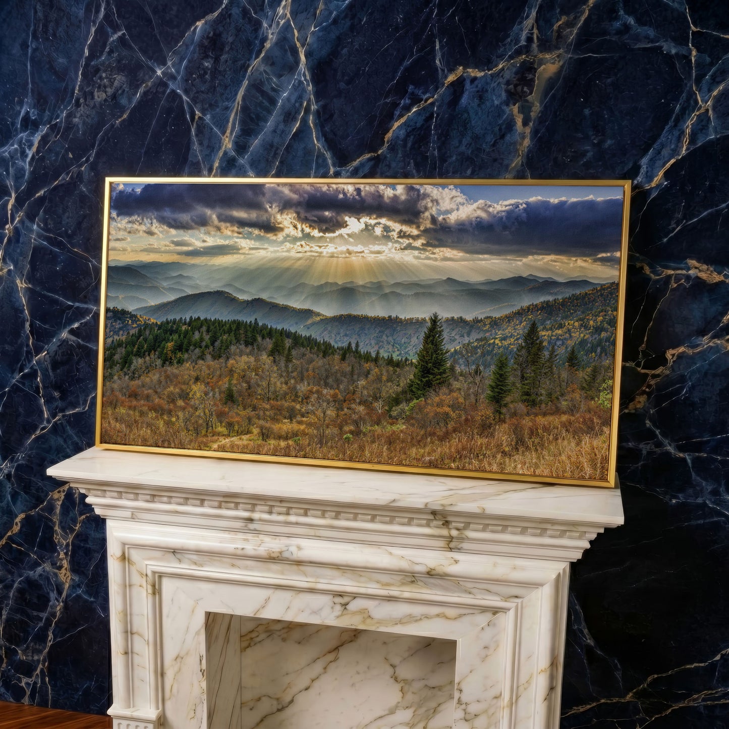 Smoky Mountains and Blue Ridge Parkway Panoramic Canvas in yellow gold floating frame