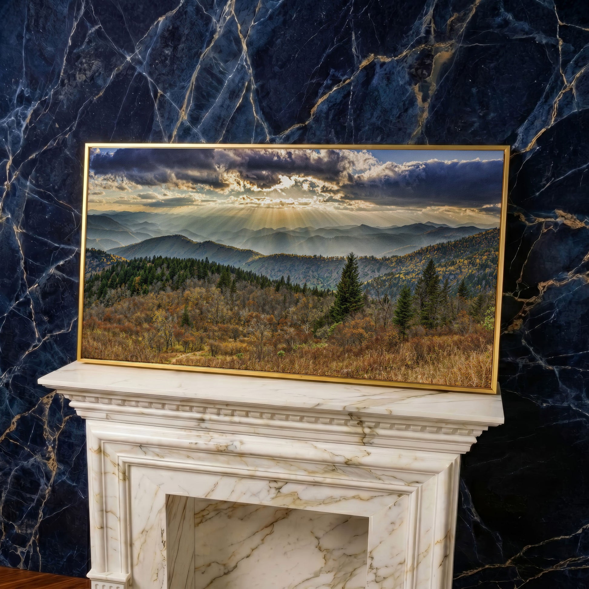 Smoky Mountains and Blue Ridge Parkway Panoramic Canvas in yellow gold floating frame