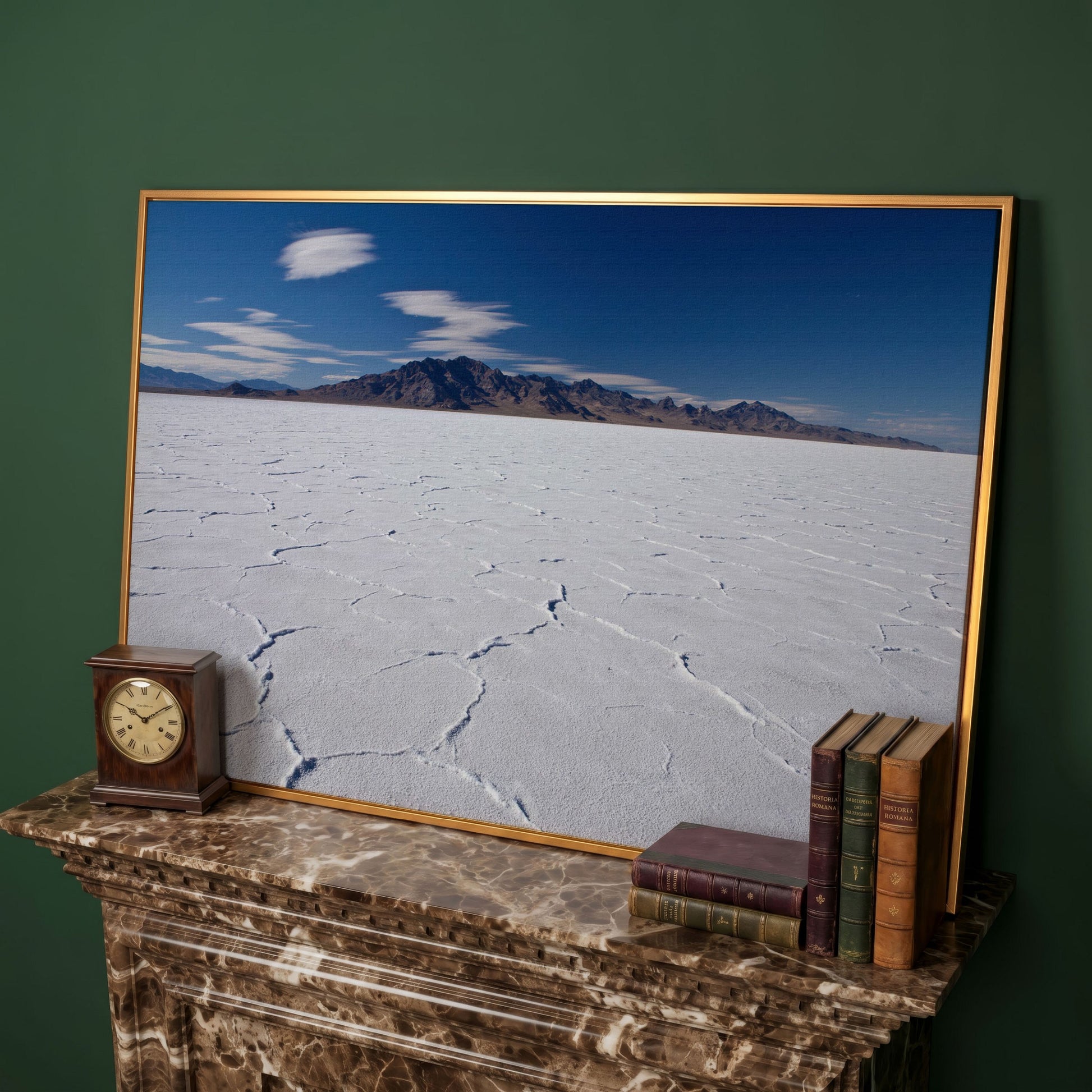 Bonneville Sunset Canvas Print. Utah Panoramic Wall Art in antique gold floating frame