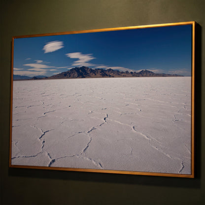 Bonneville Sunset Canvas Print. Utah Panoramic Wall Art shown in antique gold floating frame