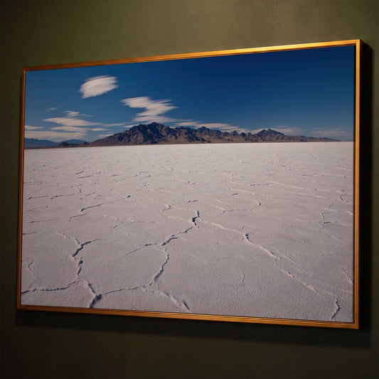 Bonneville Sunset Canvas Print. Utah Panoramic Wall Art shown in antique gold floating frame
