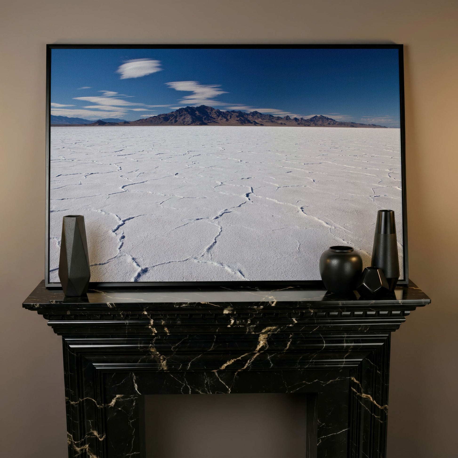 Bonneville Sunset Canvas Print. Utah Panoramic Wall Art in black floating frame