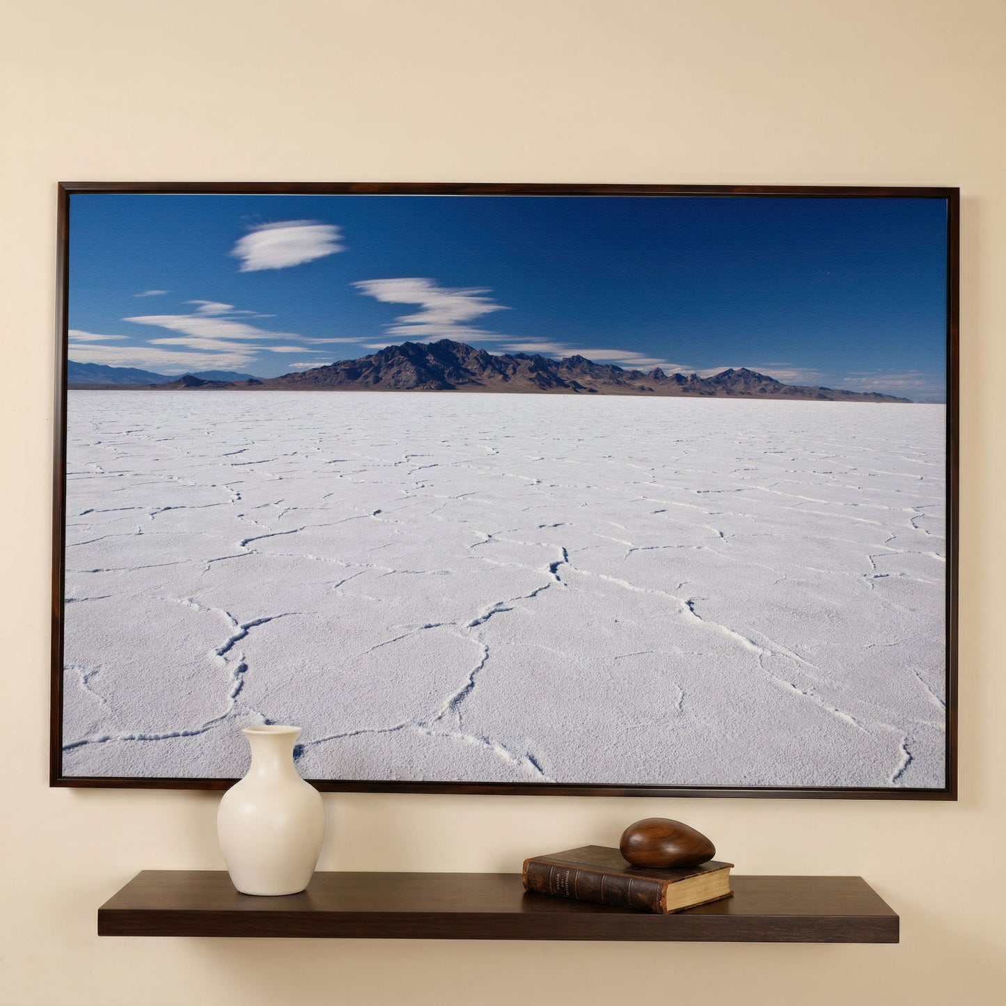 Bonneville Sunset Canvas Print. Utah Panoramic Wall Art in dark walnut floating frame