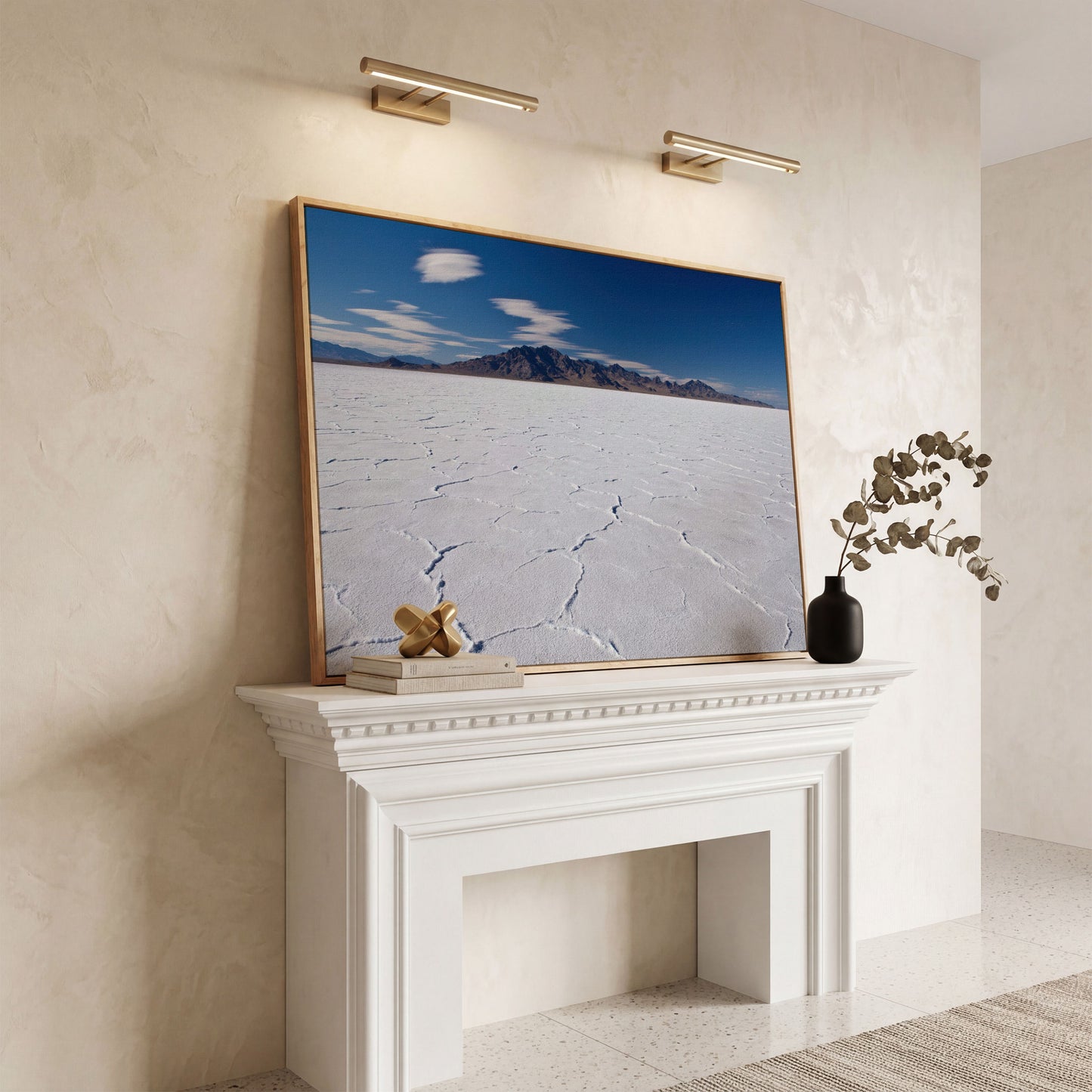Bonneville Sunset Canvas Print. Utah Panoramic Wall Art in white oak floating frame