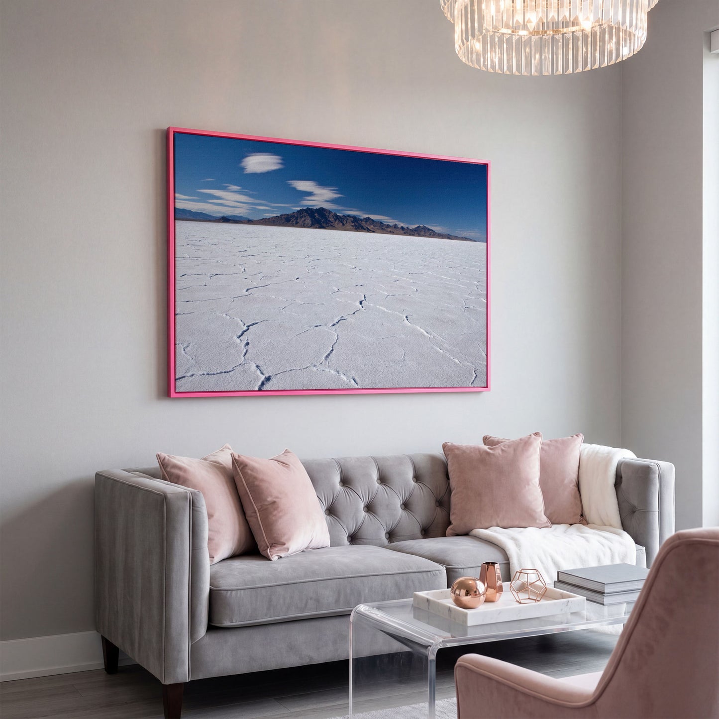 Bonneville Sunset Canvas Print. Utah Panoramic Wall Art in pink floating frame