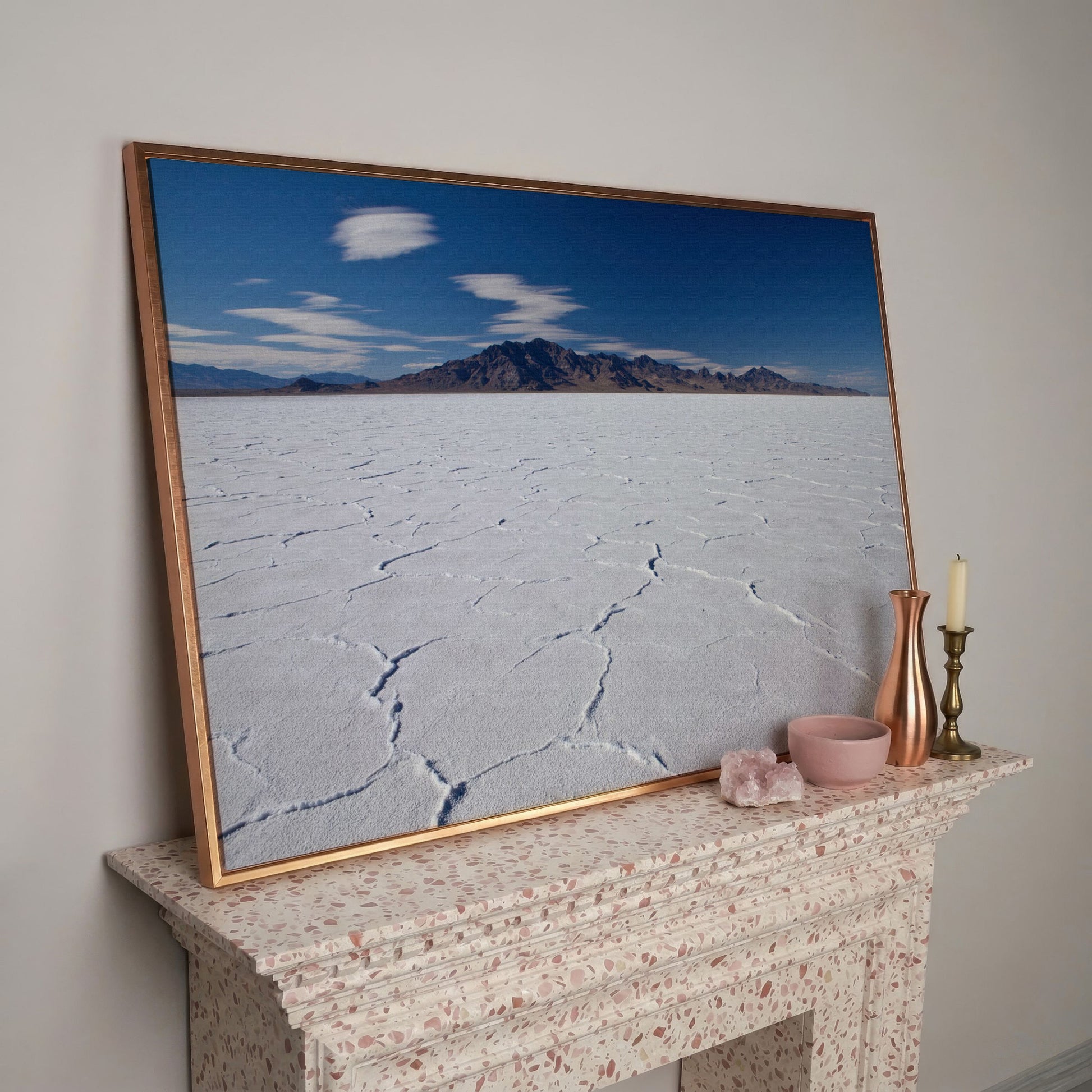 Bonneville Sunset Canvas Print. Utah Panoramic Wall Art in rose gold floating frame
