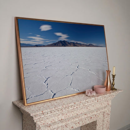Bonneville Sunset Canvas Print. Utah Panoramic Wall Art in rose gold floating frame