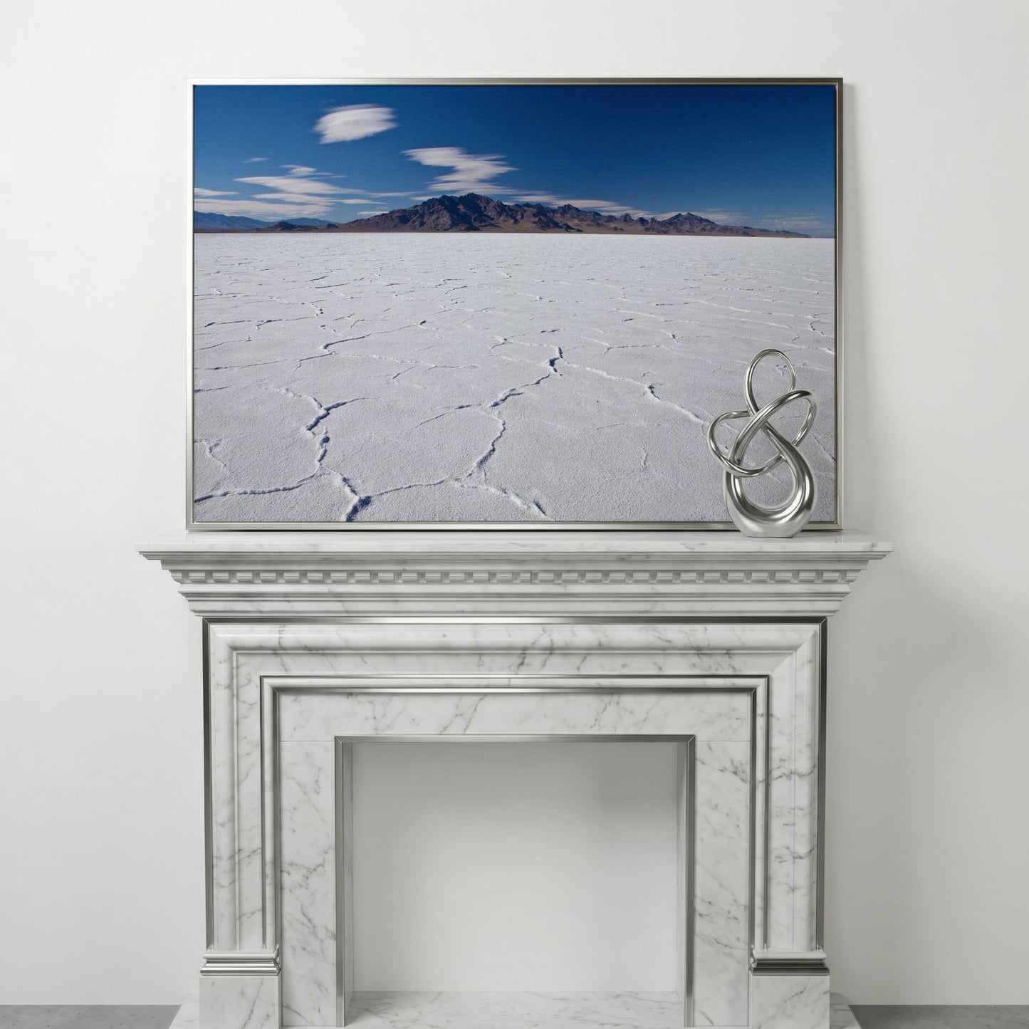 Bonneville Sunset Canvas Print. Utah Panoramic Wall Art in silver floating frame