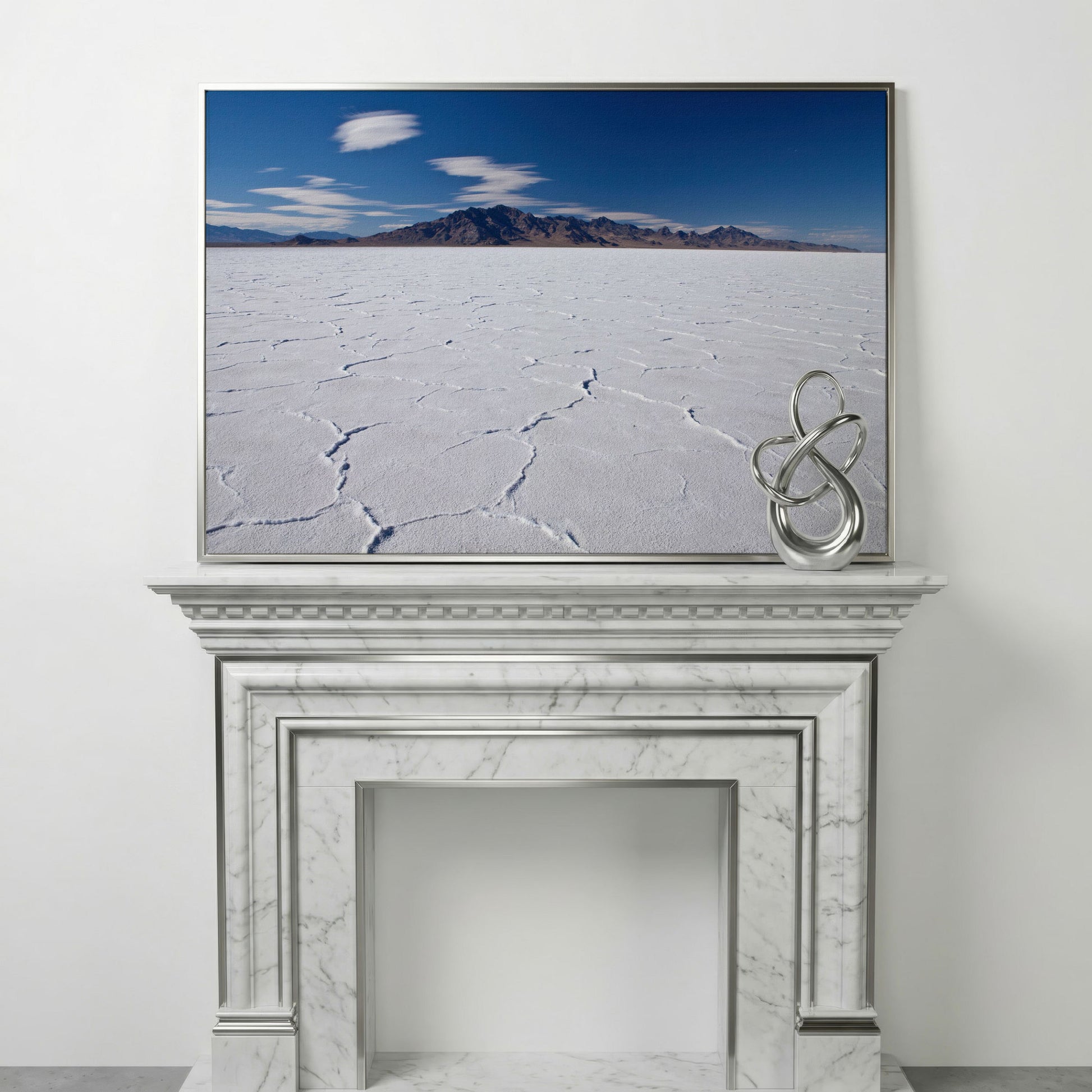 Bonneville Sunset Canvas Print. Utah Panoramic Wall Art in silver floating frame