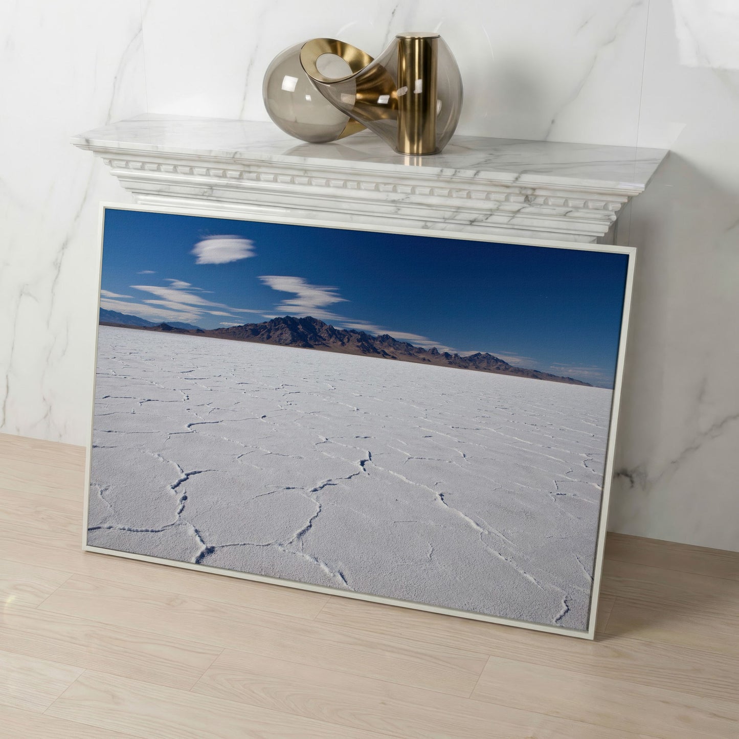 Bonneville Sunset Canvas Print. Utah Panoramic Wall Art in white floating frame