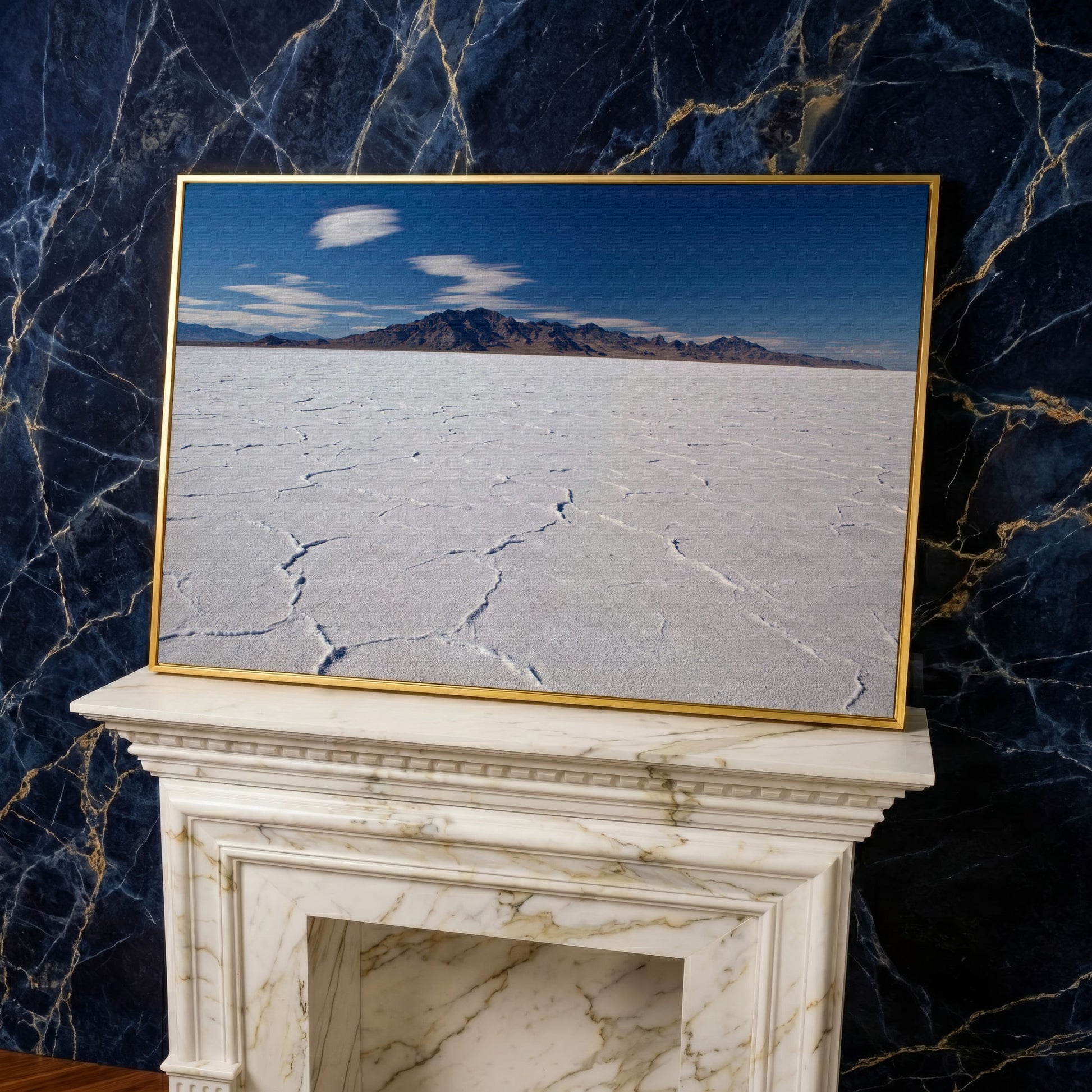 Bonneville Sunset Canvas Print. Utah Panoramic Wall Art in yellow gold floating frame
