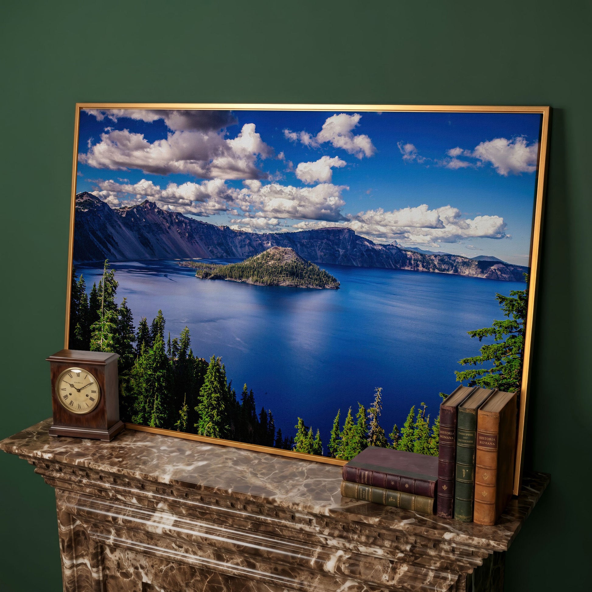 Crater Lake Panoramic Canvas Print in antique gold floating frame