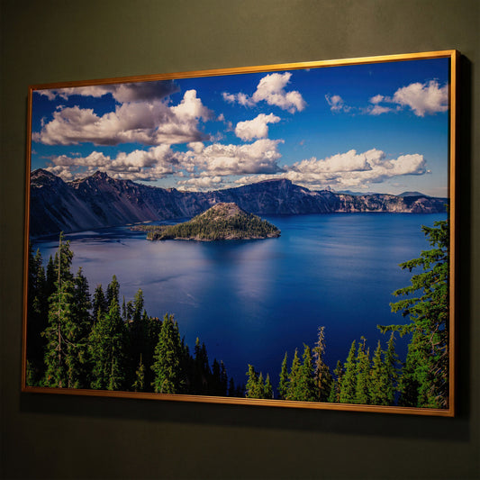 Crater Lake Panoramic Canvas Print shown in antique gold floating frame