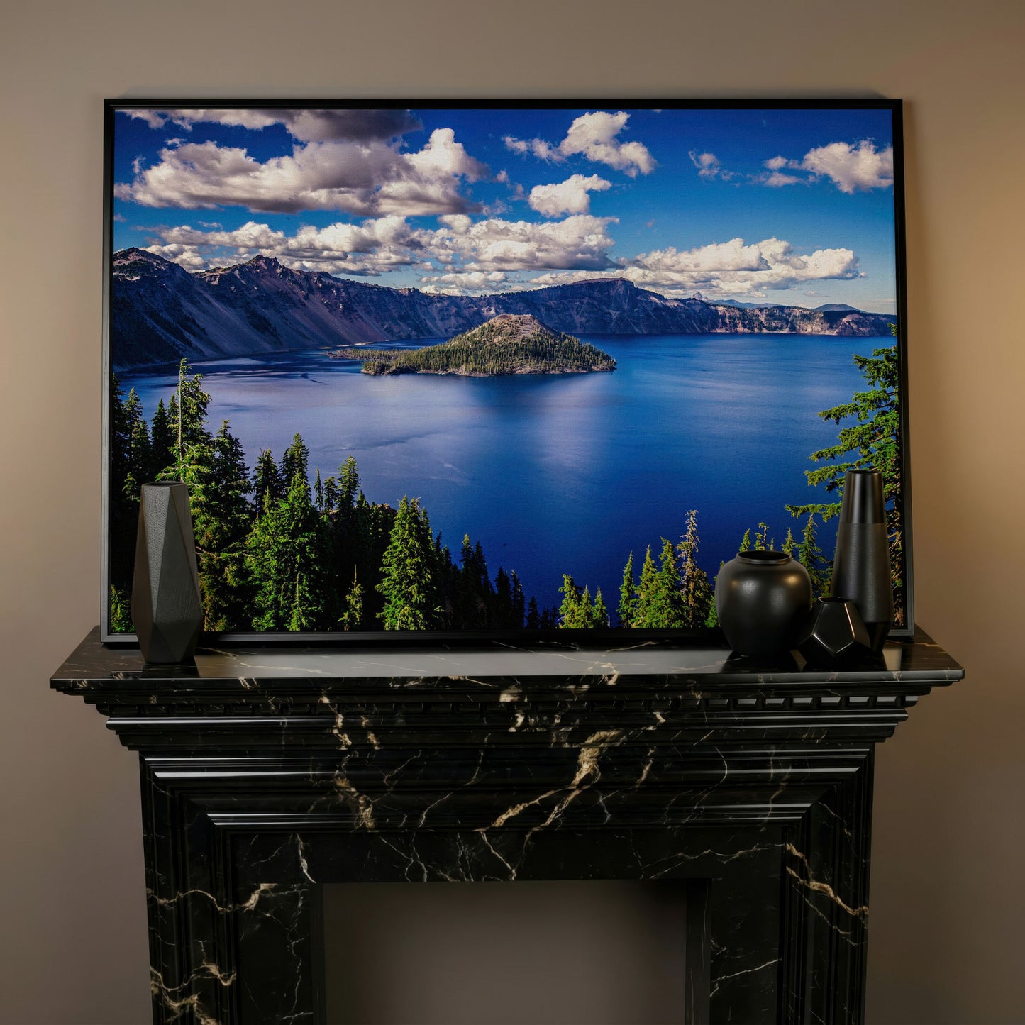 Crater Lake Panoramic Canvas Print in black floating frame