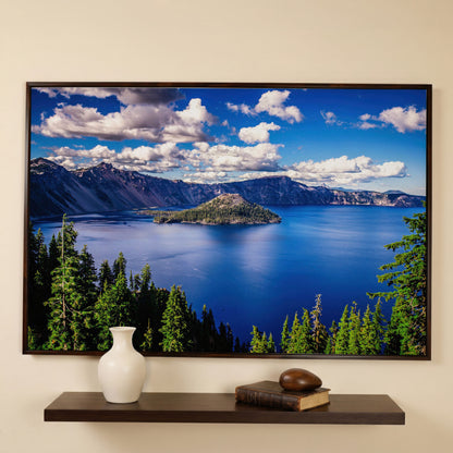 Crater Lake Panoramic Canvas Print in dark walnut floating frame