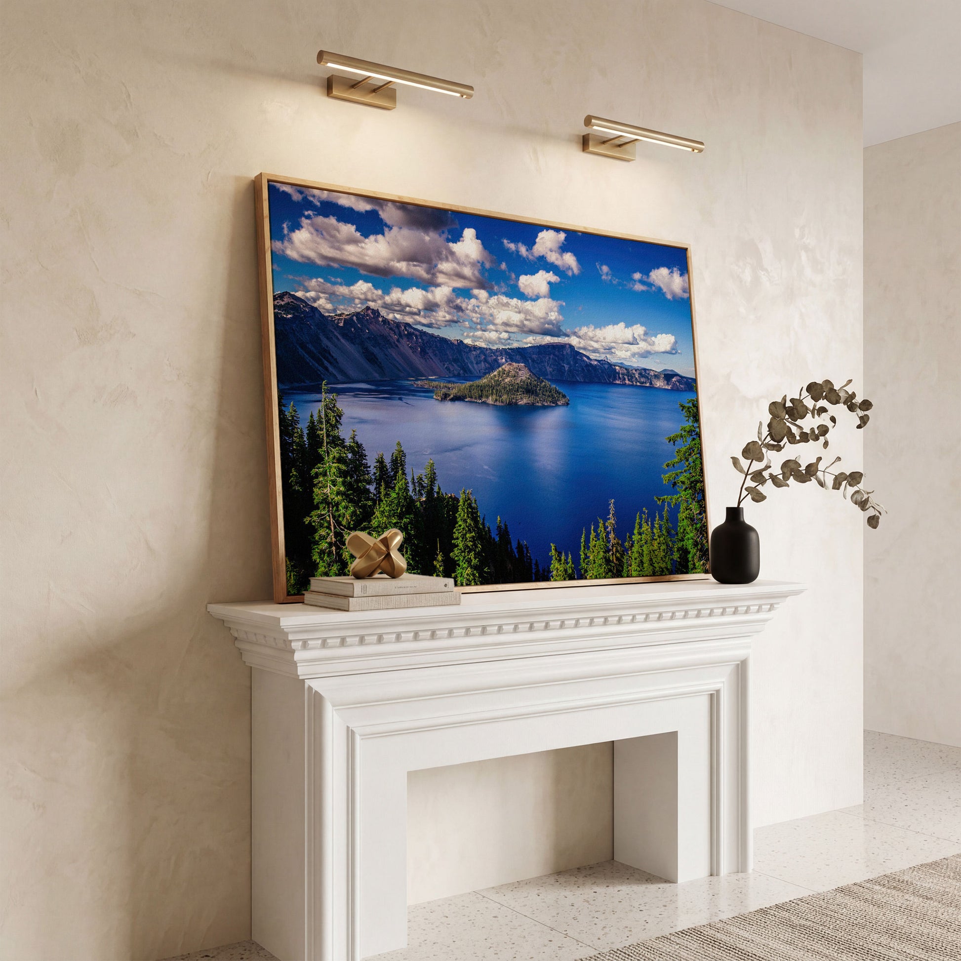 Crater Lake Panoramic Canvas Print in white oak floating frame
