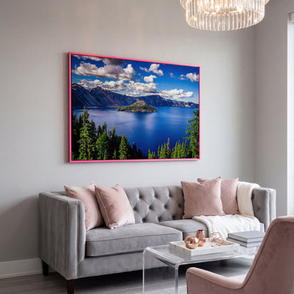 Crater Lake Panoramic Canvas Print in pink floating frame