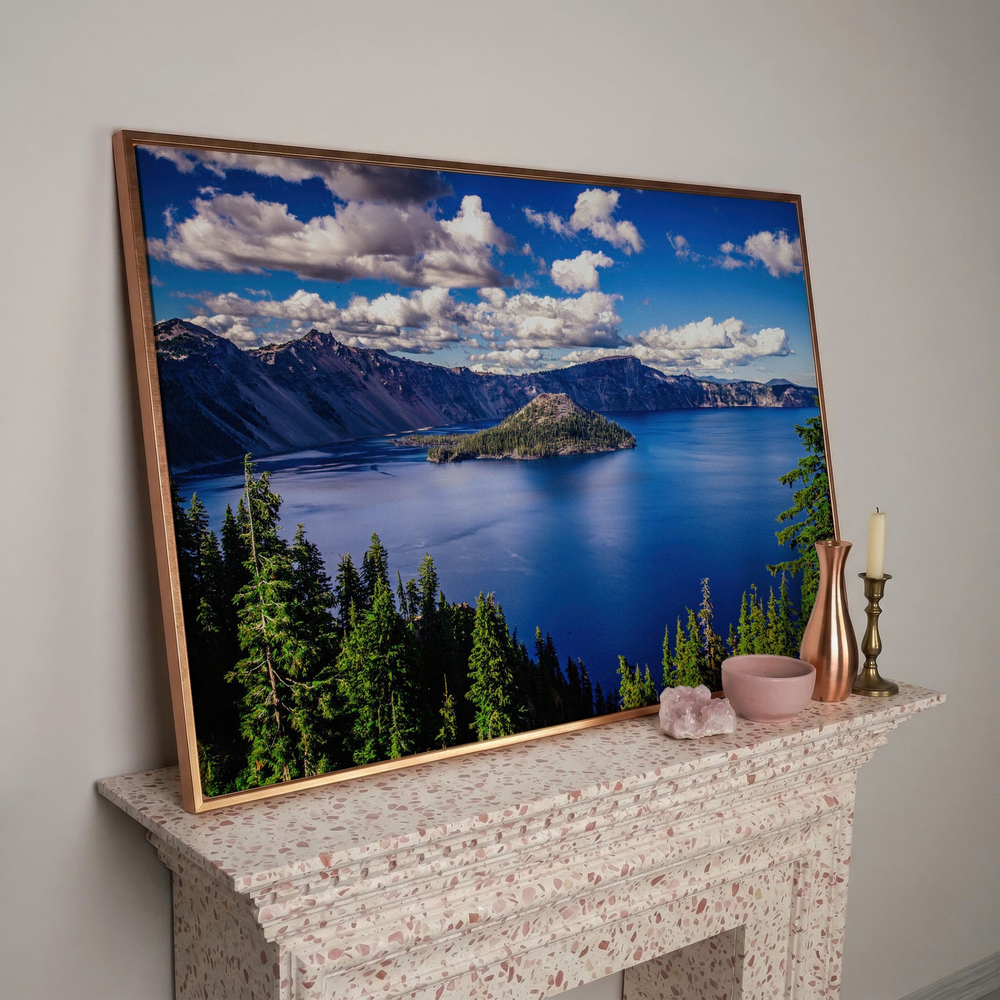 Crater Lake Panoramic Canvas Print in rose gold floating frame