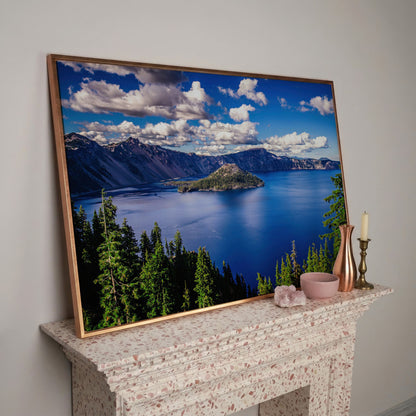 Crater Lake Panoramic Canvas Print in rose gold floating frame