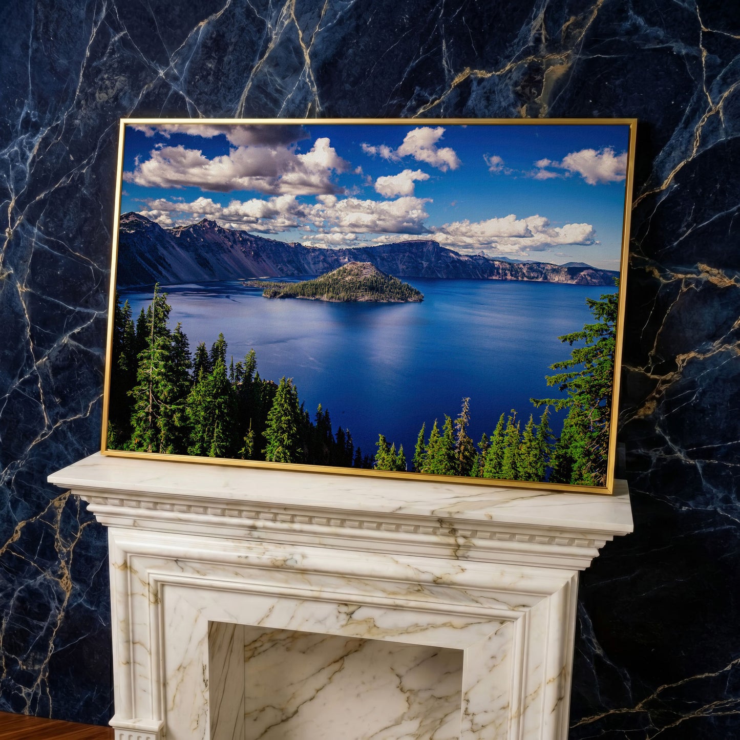 Crater Lake Panoramic Canvas Print in yellow gold floating frame