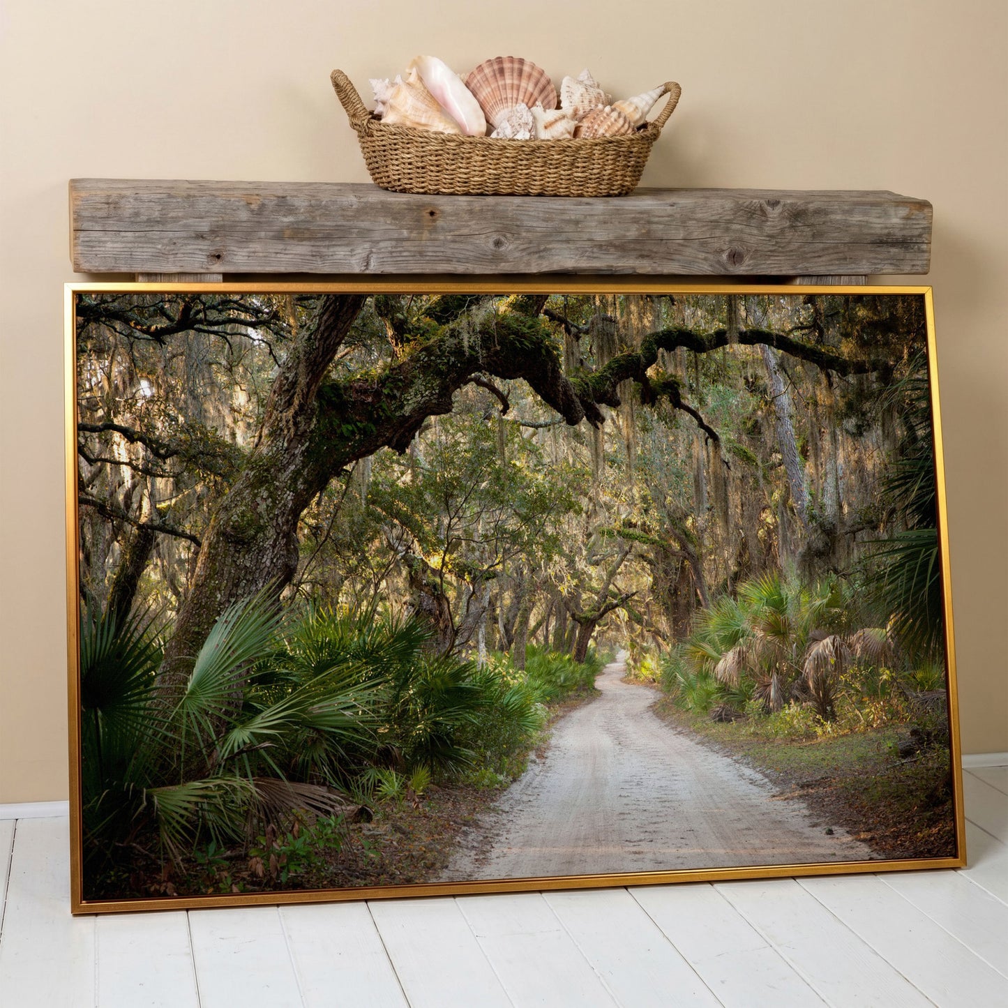 Live Oak Trees Tunnel Canvas Print with Spanish Moss in antique gold floating frame
