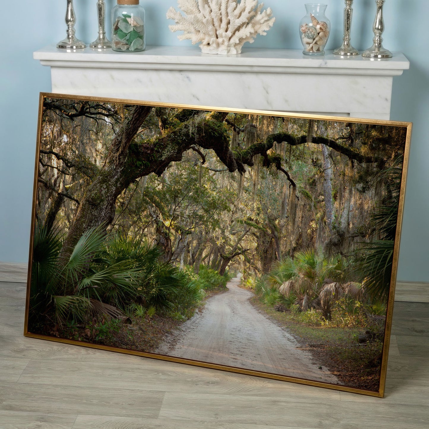 Live Oak Trees Tunnel Canvas Print with Spanish Moss in rose gold floating frame