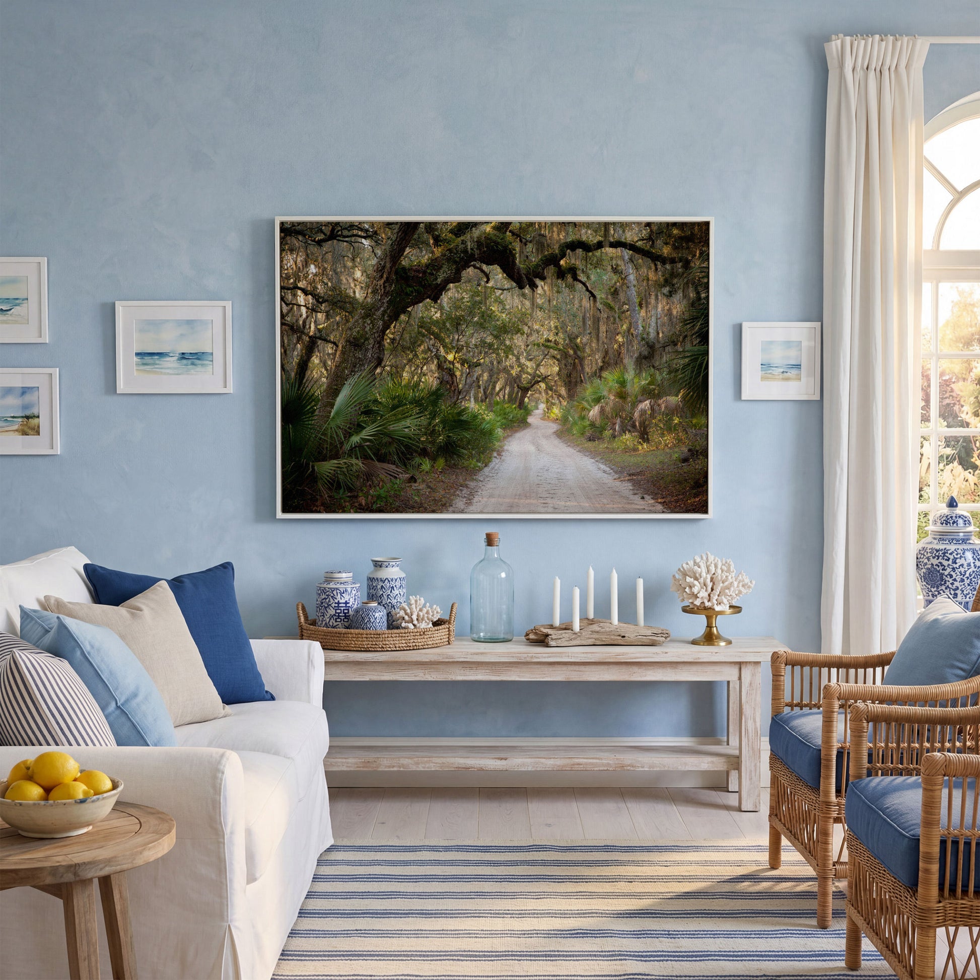 Live Oak Trees Tunnel Canvas Print with Spanish Moss in white floating frame