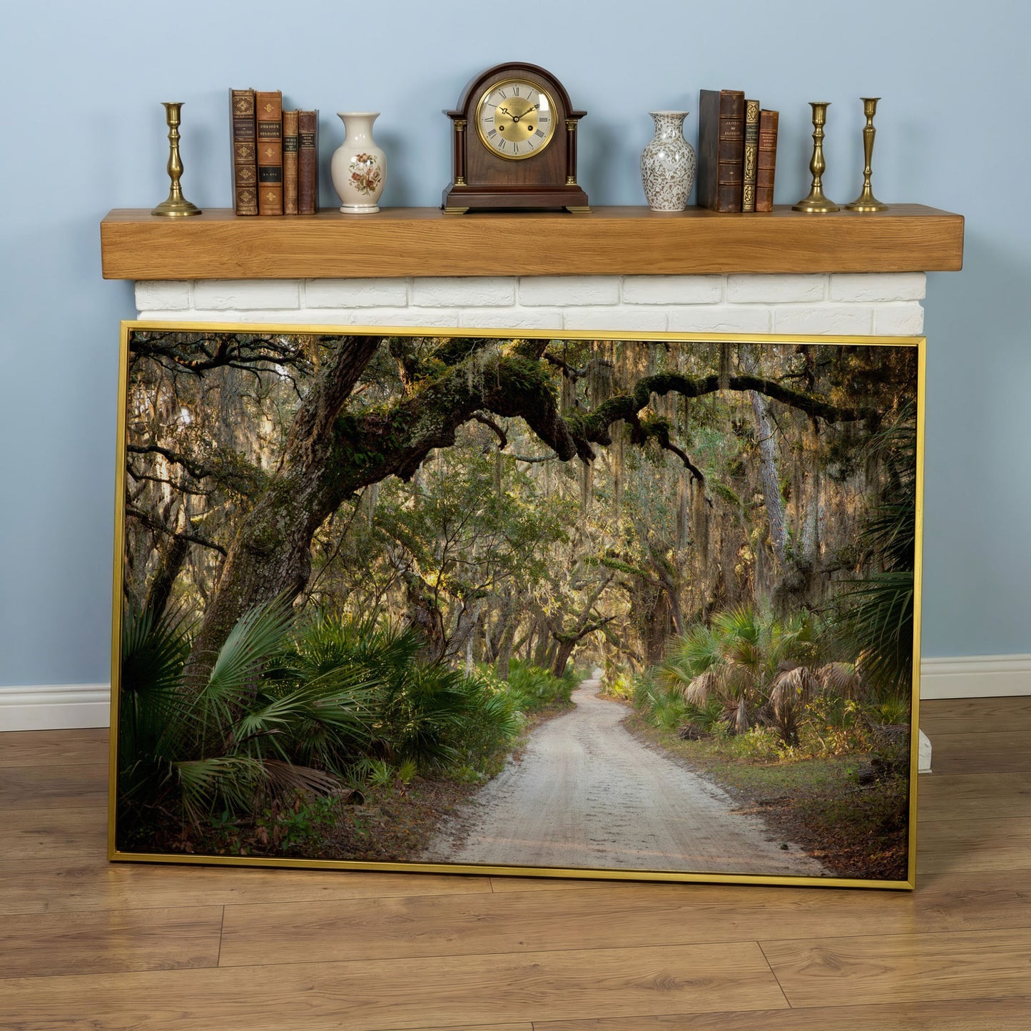 Live Oak Trees Tunnel Canvas Print with Spanish Moss in yellow gold floating frame