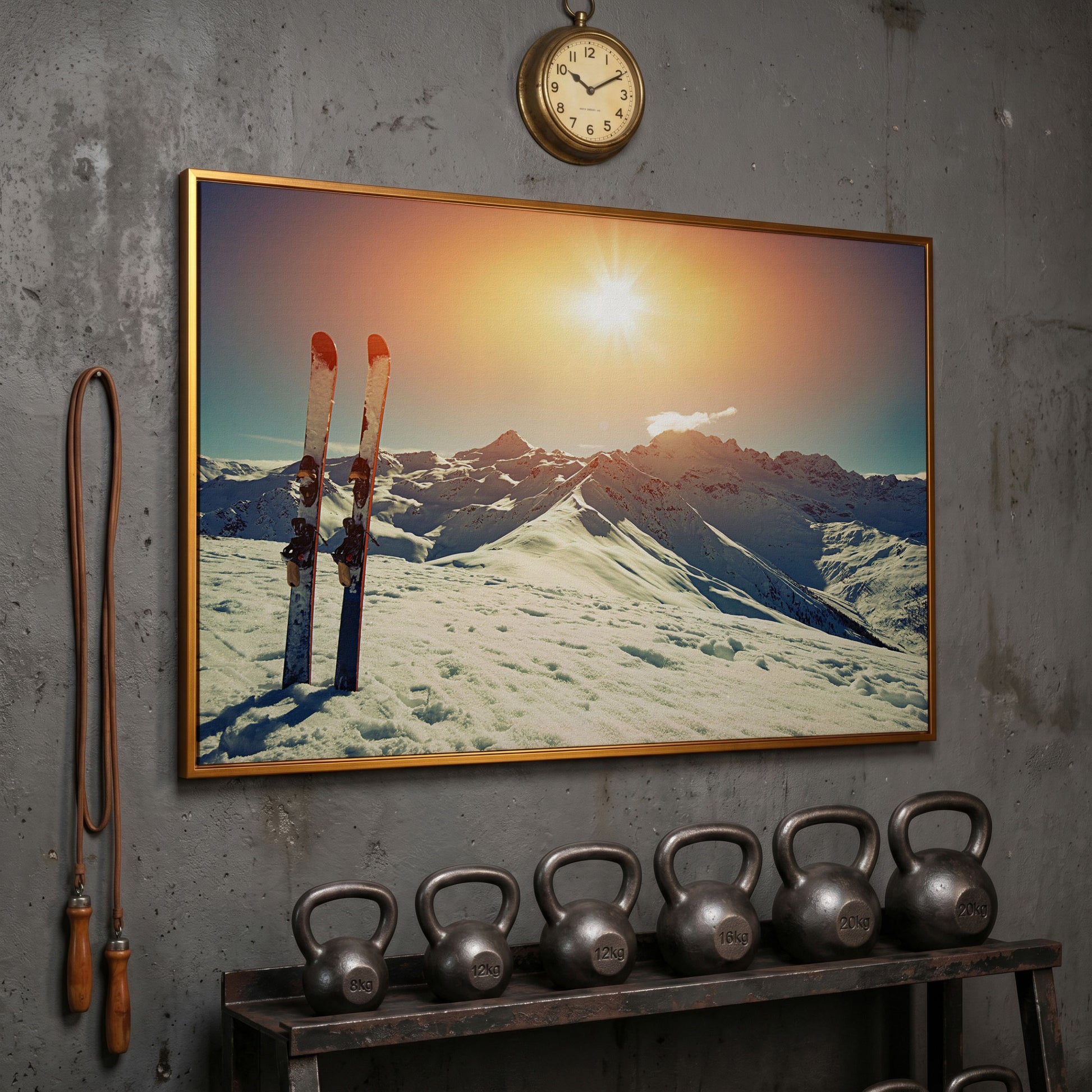 Sunny Winter Skies with Snow-Capped Mountains Canvas in antique gold floating frame
