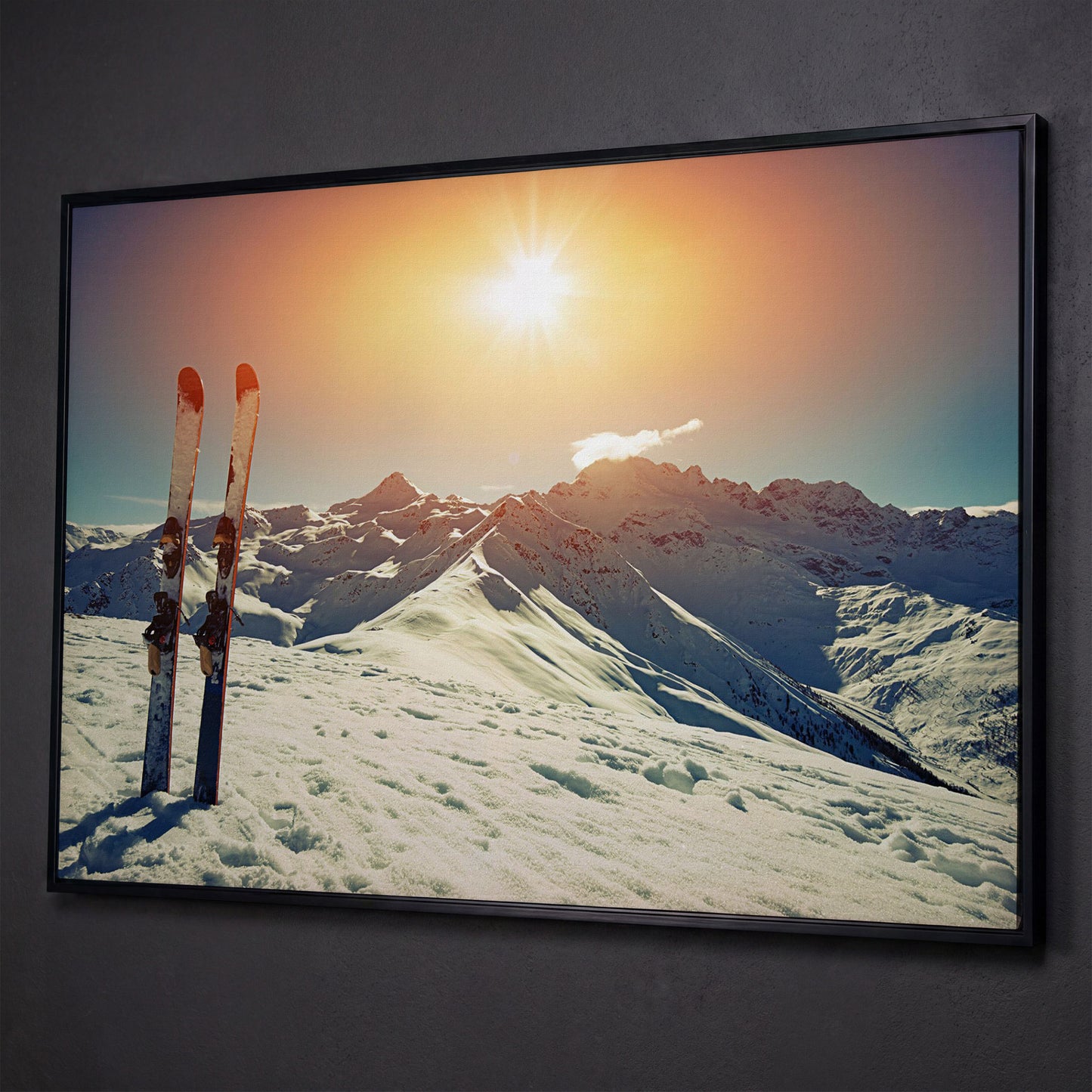 Sunny Winter Skies with Snow-Capped Mountains Canvas shown in black floating frame