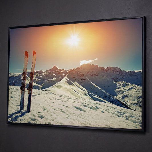 Sunny Winter Skies with Snow-Capped Mountains Canvas shown in black floating frame