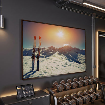 Sunny Winter Skies with Snow-Capped Mountains Canvas in dark walnut floating frame