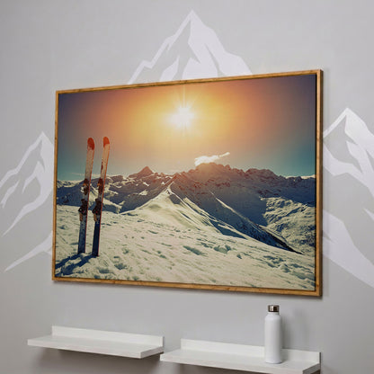 Sunny Winter Skies with Snow-Capped Mountains Canvas in white oak floating frame