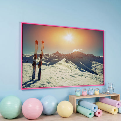 Sunny Winter Skies with Snow-Capped Mountains Canvas in pink floating frame